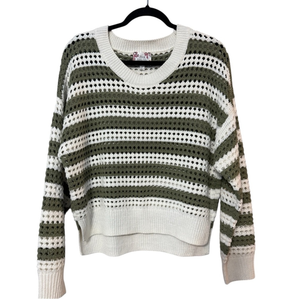 Pink Rose Olive Green & Cream Striped Crochet Knit Cropped Sweater Boho Size S